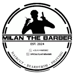 Het logo van MilanTheBarber: een barber met schaar en tondeuse
